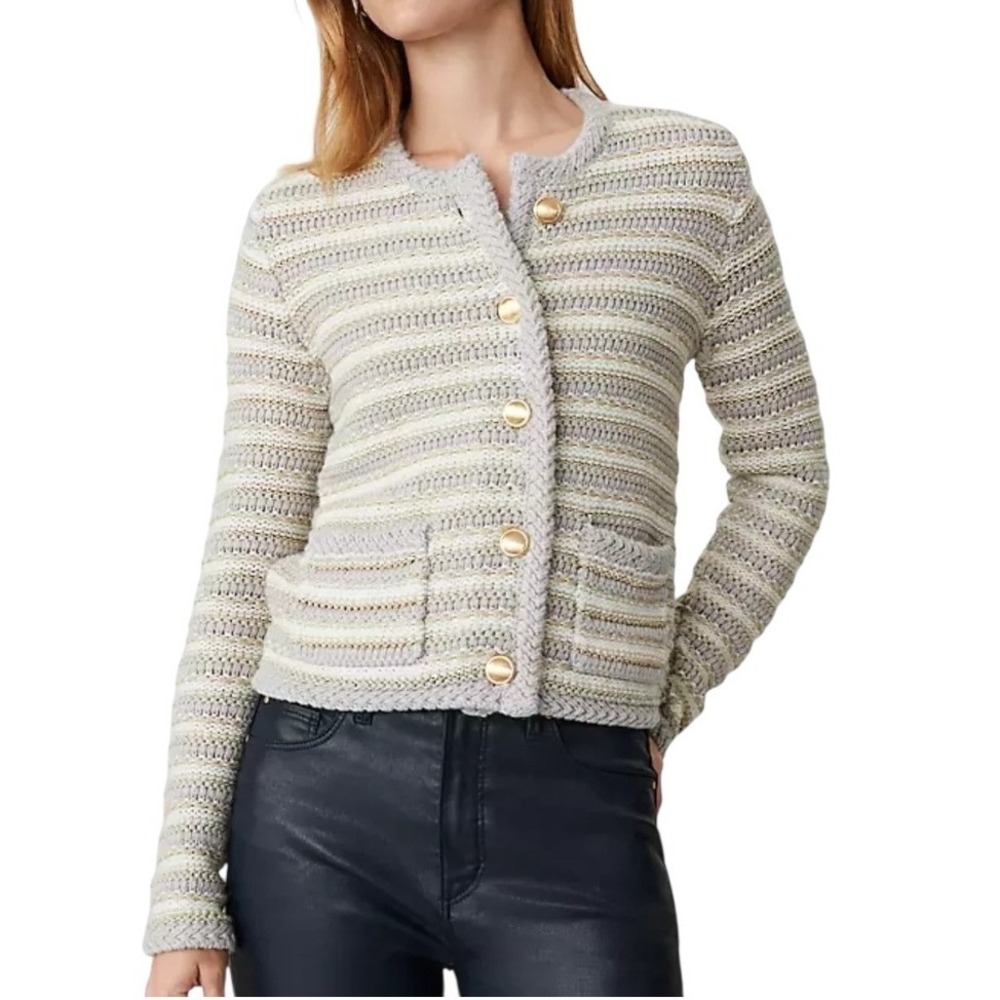 Ann Taylor Sweater Women Small Petite Gray Ivory Striped Metallic Knit Cardigan
